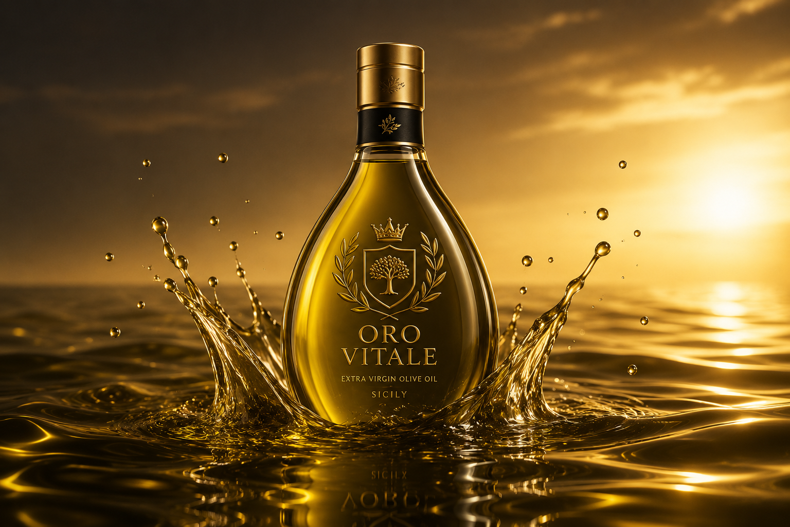 Oro Vitale bottle rising from a golden Mediterranean sea