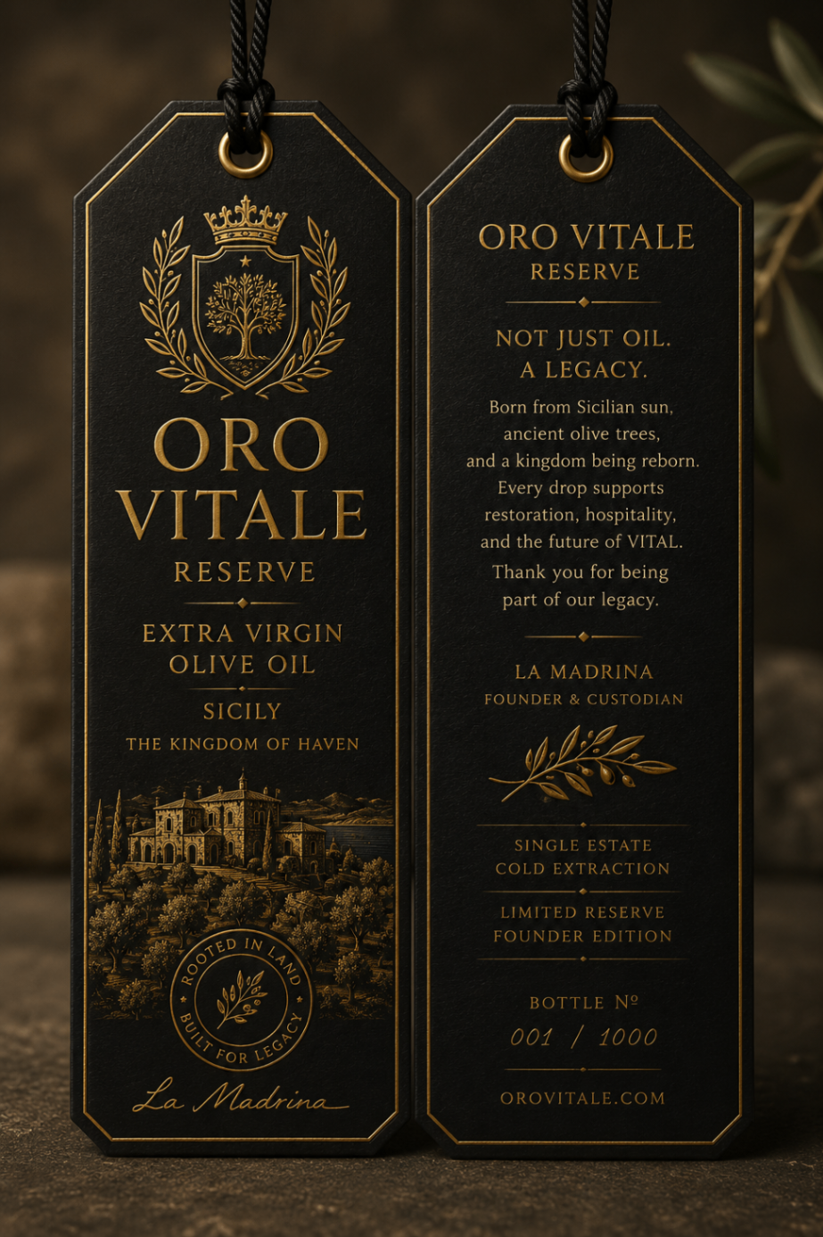Heraldic Oro Vitale label, black & gold
