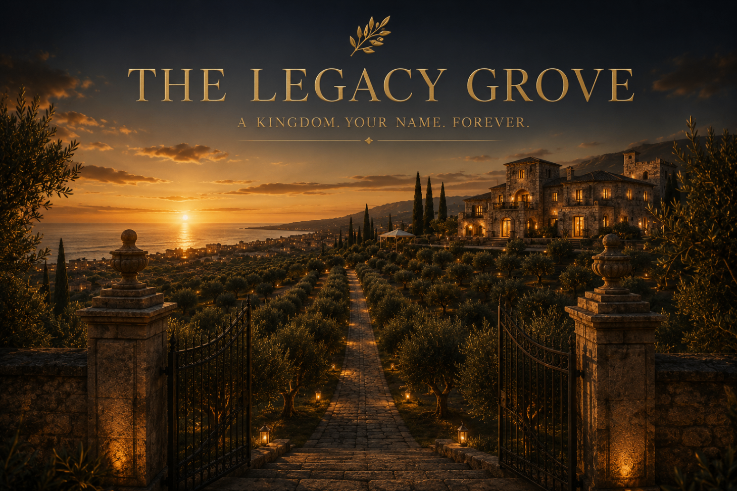 Long olive-lined avenue inside the estate