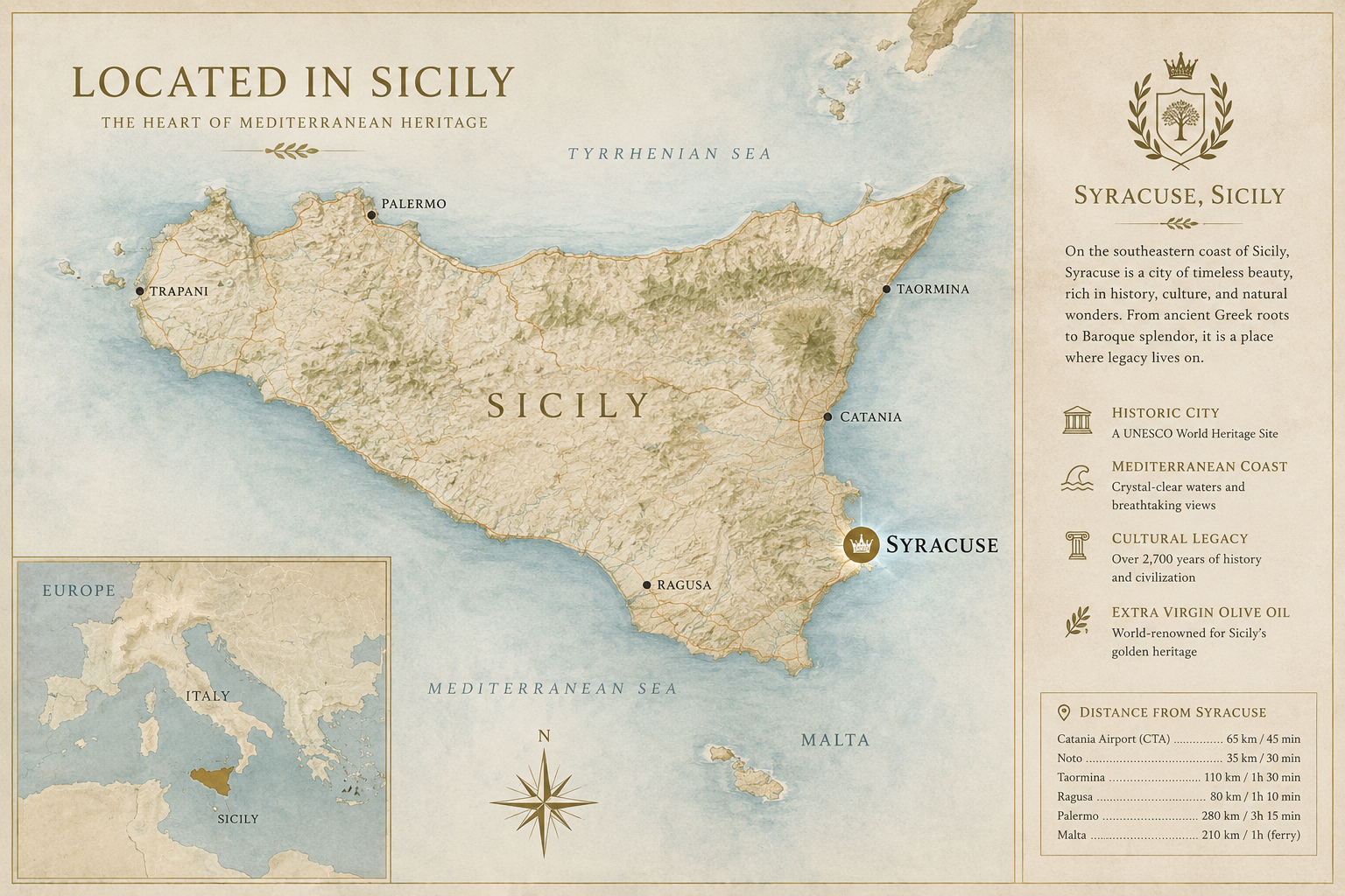 Illustrated map of Sicily with Siracusa marked on the south-east coast