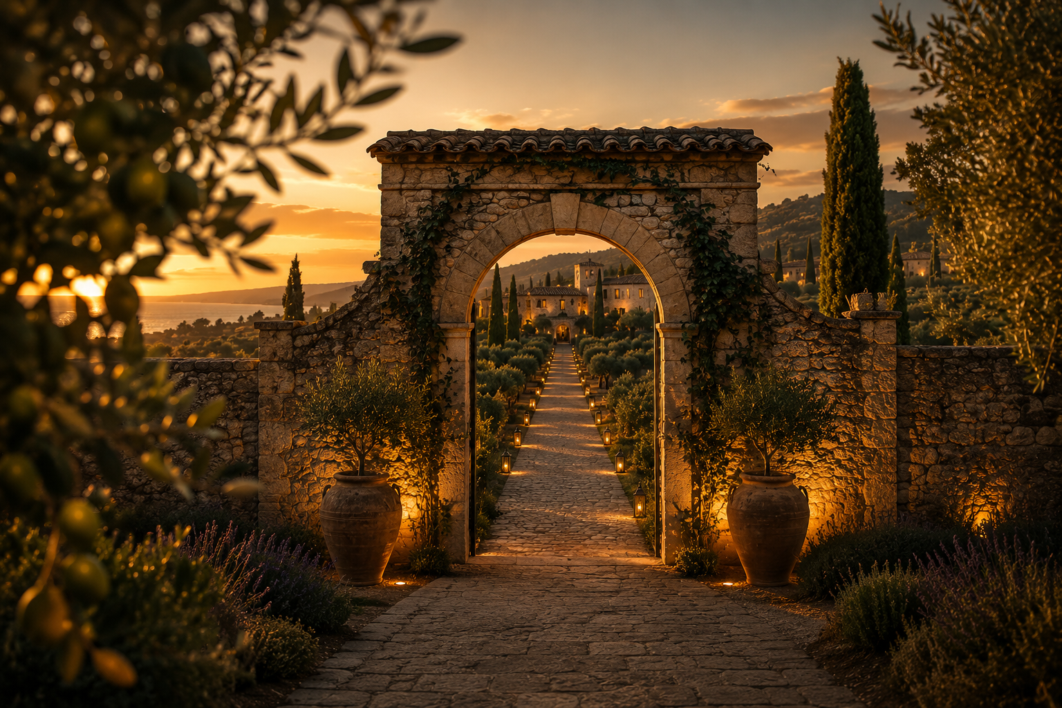 Stone gateway opening on Sicilian olive groves at sunset
